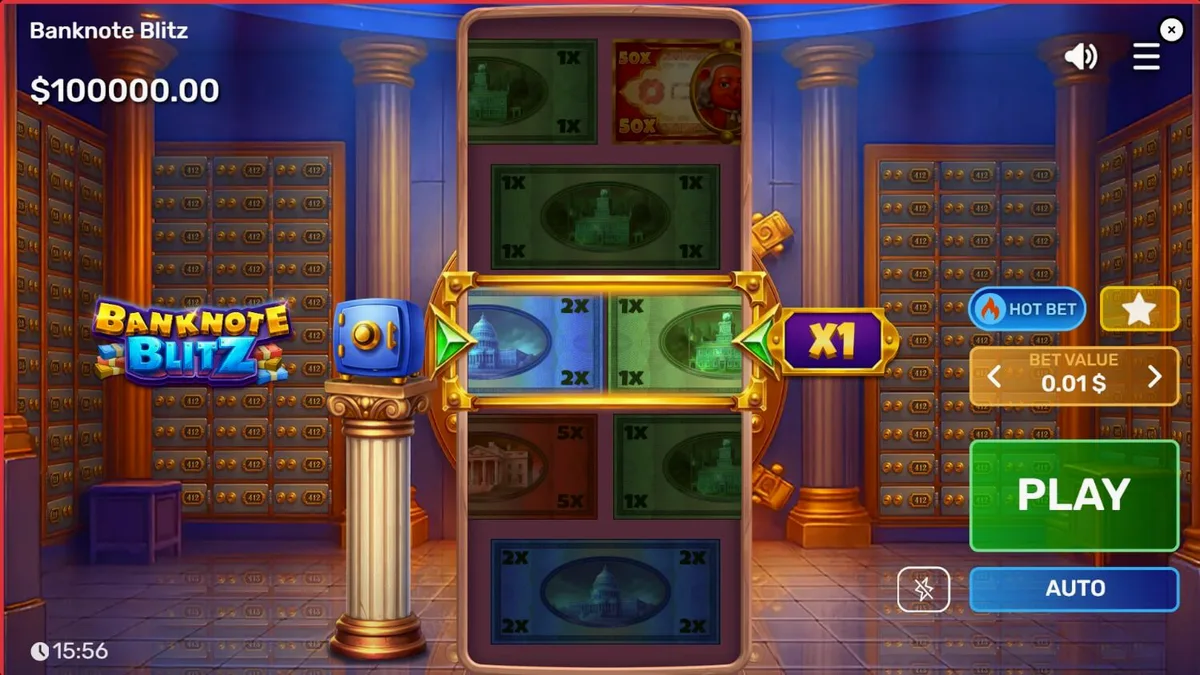 Tampilan visual slot Banknote Blitz dengan tema brankas mewah dan simbol uang kertas.
