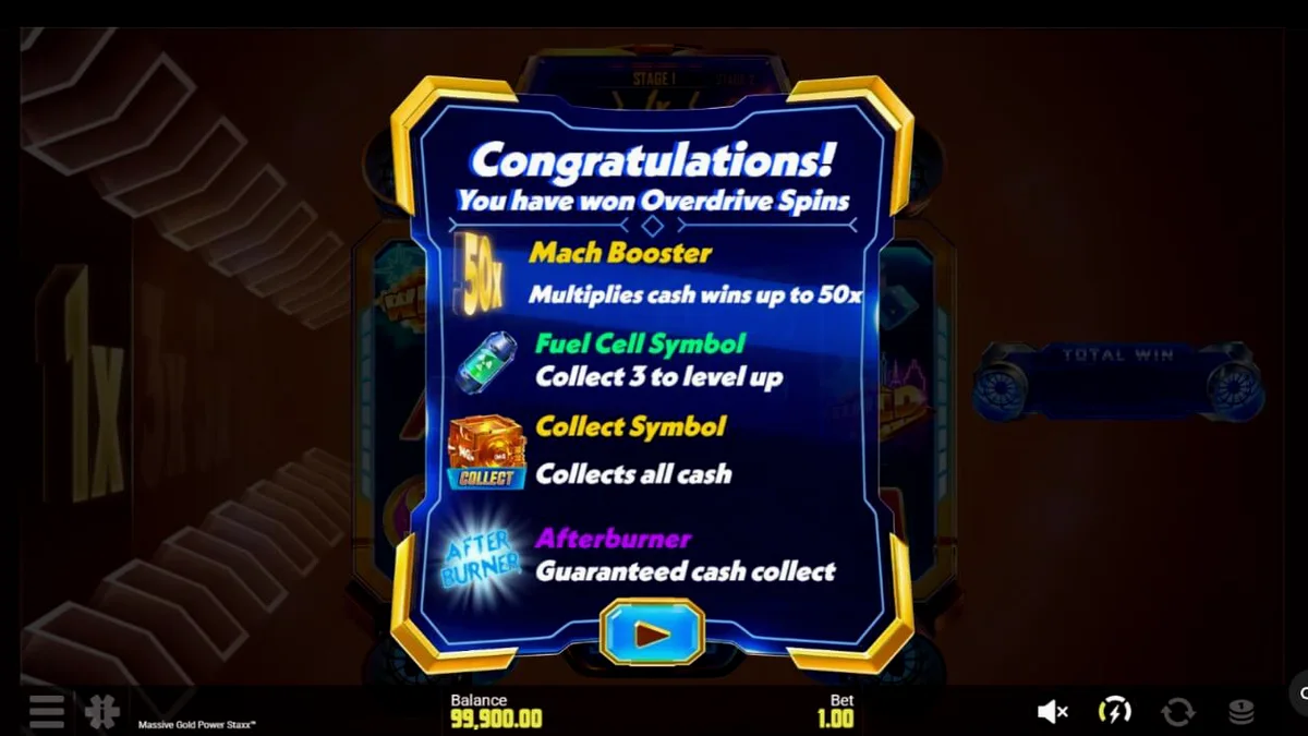 Tampilan visual futuristik dari slot Massive Gold Power Staxx dengan latar belakang galaksi