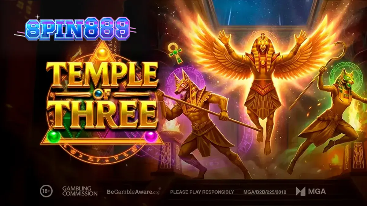 Tampilan visual slot Temple of Three dengan latar belakang kuil Mesir Kuno yang megah