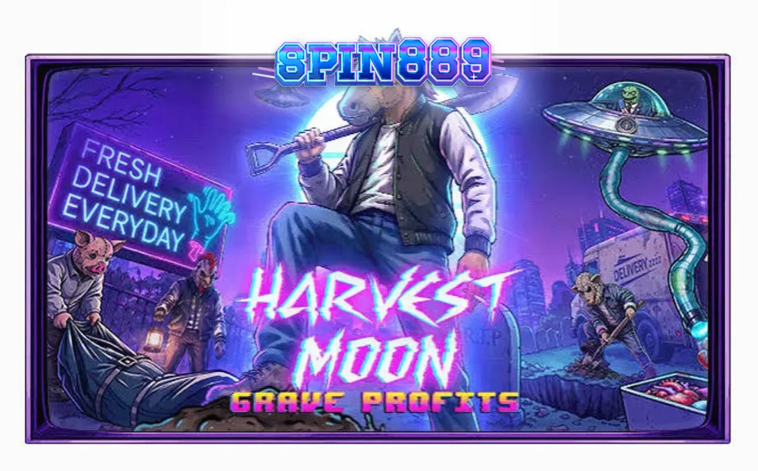 Tampilan visual slot Harvest Moon Grave Profits dengan tema horor fiksi ilmiah.